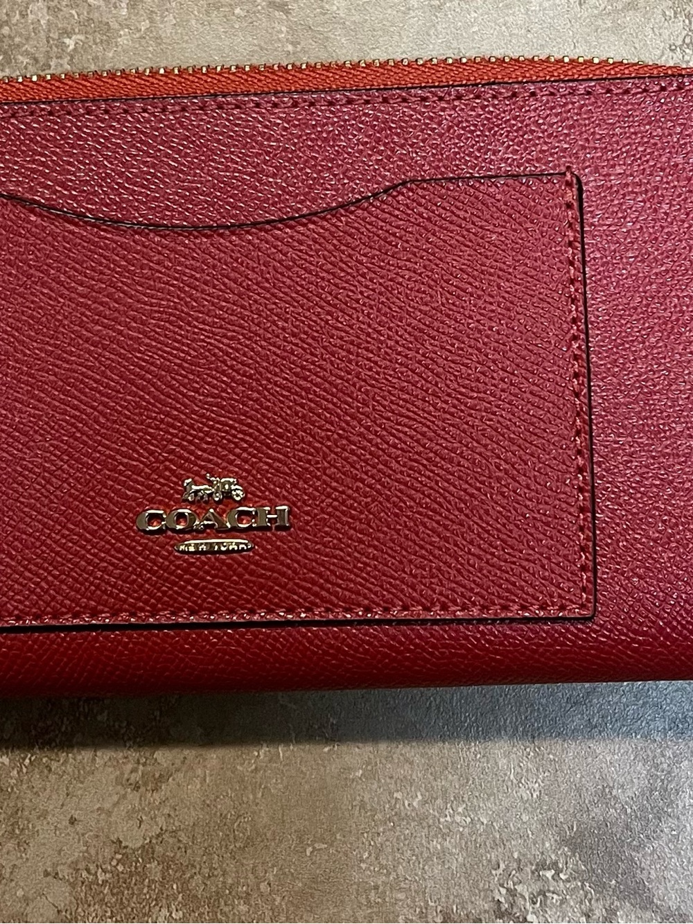 Coach Cherry Red Leather Card Case with Gold Logo